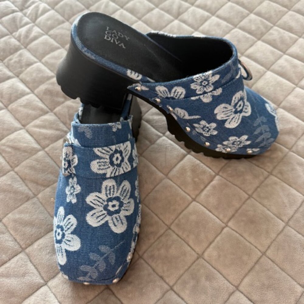 Breezy Babe Flower Denim Buckle Platform Mules Clogs- Size 9